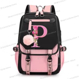 Teenage Black Pink Backpacks 26 Initials Flower A-Z Alphabet Large Capacity Harajuku Fashion Zipper Aesthetic Students Bookbag