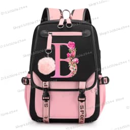 Teenage Black Pink Backpacks 26 Initials Flower A-Z Alphabet Large Capacity Harajuku Fashion Zipper Aesthetic Students Bookbag