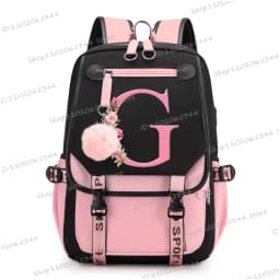 Teenage Black Pink Backpacks 26 Initials Flower A-Z Alphabet Large Capacity Harajuku Fashion Zipper Aesthetic Students Bookbag