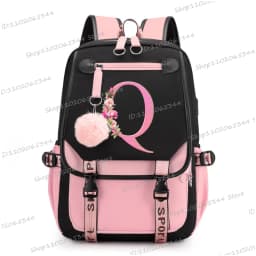 Teenage Black Pink Backpacks 26 Initials Flower A-Z Alphabet Large Capacity Harajuku Fashion Zipper Aesthetic Students Bookbag