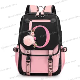 Teenage Black Pink Backpacks 26 Initials Flower A-Z Alphabet Large Capacity Harajuku Fashion Zipper Aesthetic Students Bookbag