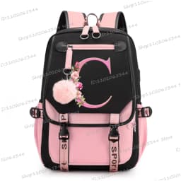 Teenage Black Pink Backpacks 26 Initials Flower A-Z Alphabet Large Capacity Harajuku Fashion Zipper Aesthetic Students Bookbag