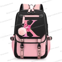 Teenage Black Pink Backpacks 26 Initials Flower A-Z Alphabet Large Capacity Harajuku Fashion Zipper Aesthetic Students Bookbag