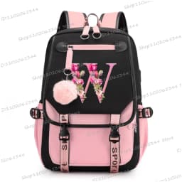 Teenage Black Pink Backpacks 26 Initials Flower A-Z Alphabet Large Capacity Harajuku Fashion Zipper Aesthetic Students Bookbag