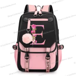 Teenage Black Pink Backpacks 26 Initials Flower A-Z Alphabet Large Capacity Harajuku Fashion Zipper Aesthetic Students Bookbag