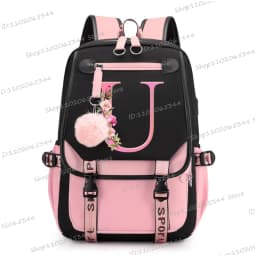 Teenage Black Pink Backpacks 26 Initials Flower A-Z Alphabet Large Capacity Harajuku Fashion Zipper Aesthetic Students Bookbag