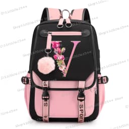 Teenage Black Pink Backpacks 26 Initials Flower A-Z Alphabet Large Capacity Harajuku Fashion Zipper Aesthetic Students Bookbag