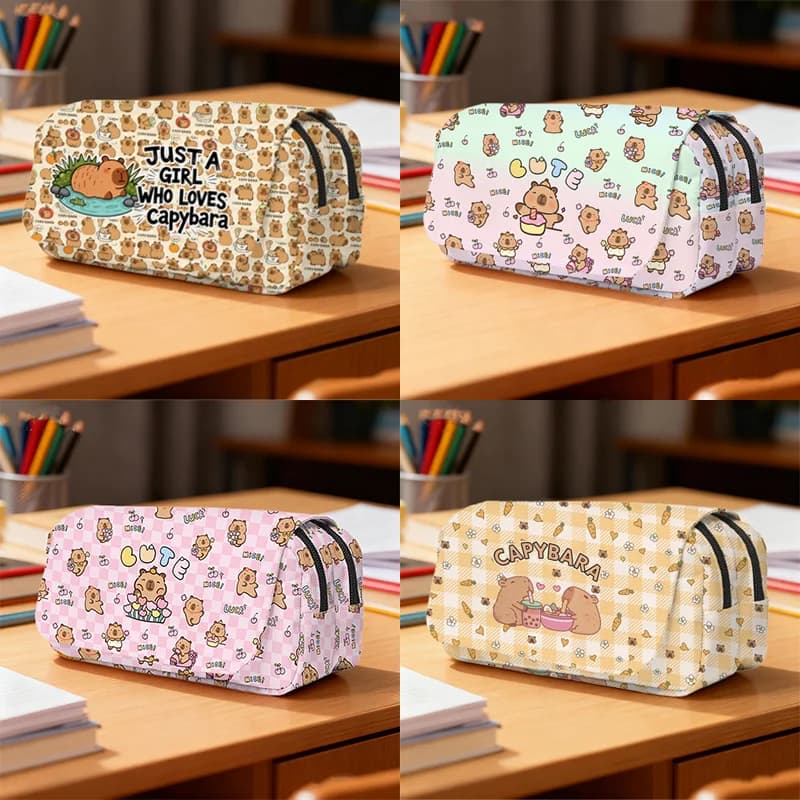 Kawaii Animal Capybara Cosmetic Case Pencil Bag Double Layers Stationery Makeup Bag Large Capacity Pencil Box School Supplies