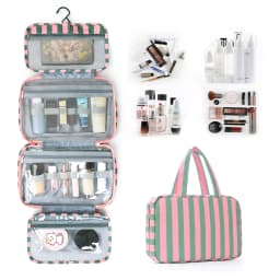 Striped hook-style makeup bag with four compartments, striped travel business trip large-capacity foldable toiletry bag, multifu