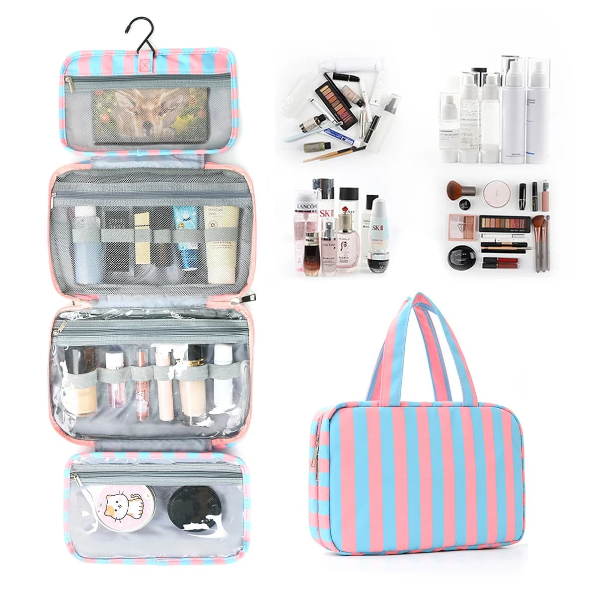 Striped hook-style makeup bag with four compartments, striped travel business trip large-capacity foldable toiletry bag, multifu