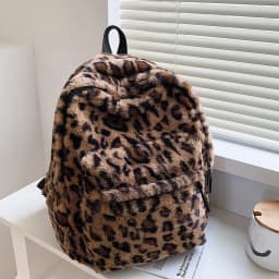 Luxury Brown Leopard Pattern Plush Womens Backpack Large Capacity Backpack Purse Multi Pocket Adjustable Straps For Commute