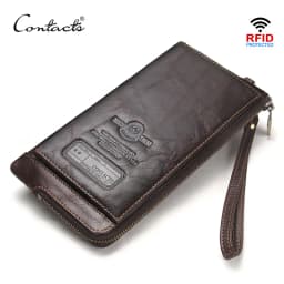 CONTACT'S Genuine Leather Long Wallet for Men Bifold Zipper Men's Wallet Card Holder Coin Purse Money Clip Women's Purse Handbag