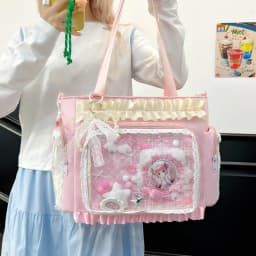 Kawaii Ita Bag for Anime Pins Transparent Window Tote Bag Sweet Lolita Lace Shoulder Bag Large Capacity Handbag for Girls