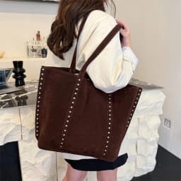 Suede Polka Dot Metal Studded Shoulder Bag with Matching Purse,Women Rivet Underarm Tote Bag,Large Solid Vintage Women Handbag