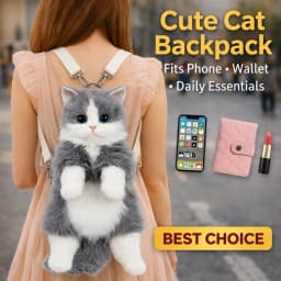 Cute Cat Plush Backpack for Girls, 14 Inch Kawaii Animal Bag, Soft Kitty Shoulder Bag for Everyday Outfits & Gifts