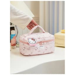 Soft and cute plaid KT cat quilted makeup case for girls, portable layered storage bag, Cinnamoroll travel cosmetic organizer st