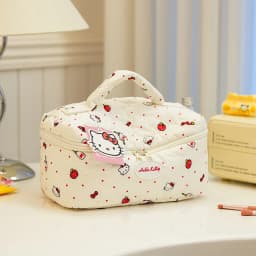 Soft and cute plaid KT cat quilted makeup case for girls, portable layered storage bag, Cinnamoroll travel cosmetic organizer st