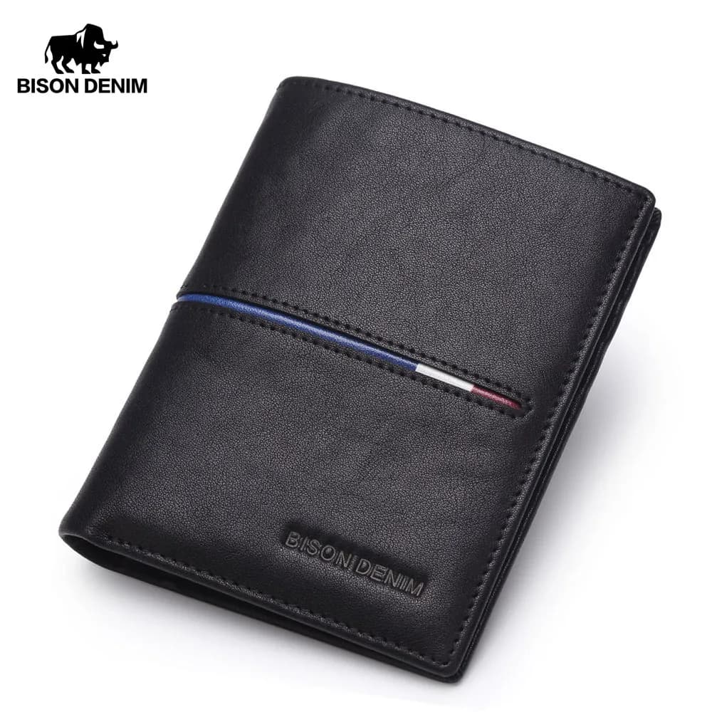 BISON DENIM Genuine Leather Wallet Men Brand Fashion Short Purses Coin Purse ID Credit Card Holder Slim Bifold Wallet Men