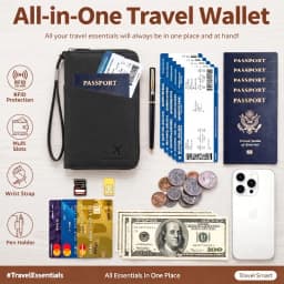 RFID Blocking Leather Family Passport Holder Travel Wallet Wrist Strap Pen Slot Card Ticket Document Organizer Travel Essentials