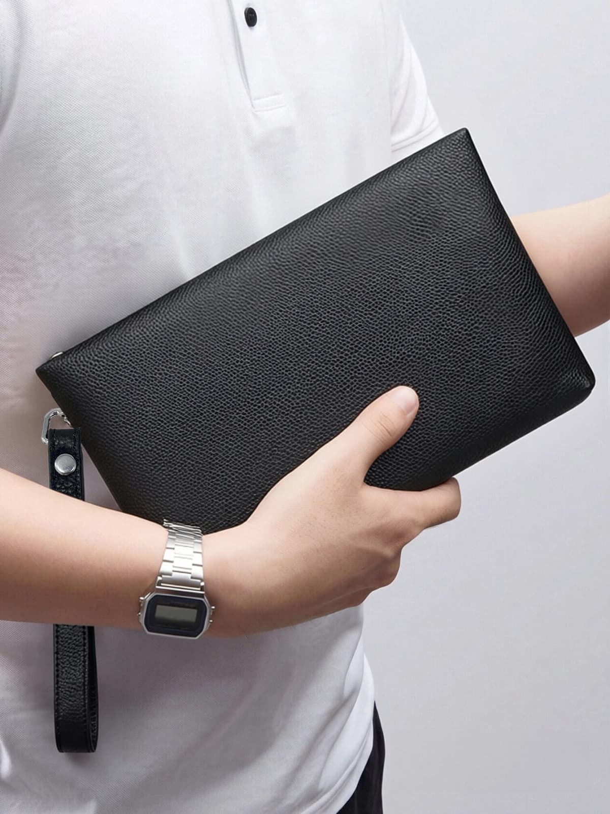 Men Pebbled Genuine Leather Wrist Clutch Handbag, Large Capacity Anti-Theft Zipper Hand Purse with 6 Card Slots