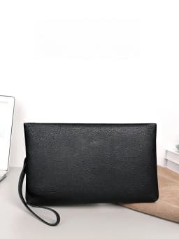 Men Pebbled Genuine Leather Wrist Clutch Handbag, Large Capacity Anti-Theft Zipper Hand Purse with 6 Card Slots