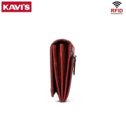 KAVIS Women‘s’ three-folding long wallet RFID large-capacity multi-card credit bag made of cowhide leather