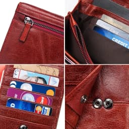KAVIS Women‘s’ three-folding long wallet RFID large-capacity multi-card credit bag made of cowhide leather