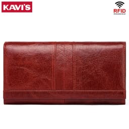 KAVIS Women‘s’ three-folding long wallet RFID large-capacity multi-card credit bag made of cowhide leather
