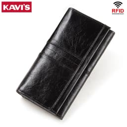 KAVIS Women‘s’ three-folding long wallet RFID large-capacity multi-card credit bag made of cowhide leather