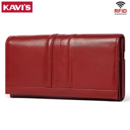 KAVIS Women‘s’ three-folding long wallet RFID large-capacity multi-card credit bag made of cowhide leather