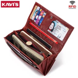 KAVIS Women‘s’ three-folding long wallet RFID large-capacity multi-card credit bag made of cowhide leather