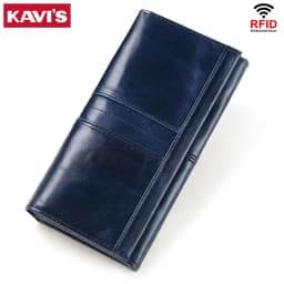 KAVIS Women‘s’ three-folding long wallet RFID large-capacity multi-card credit bag made of cowhide leather