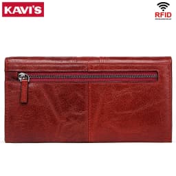 KAVIS Women‘s’ three-folding long wallet RFID large-capacity multi-card credit bag made of cowhide leather