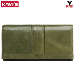 KAVIS Women‘s’ three-folding long wallet RFID large-capacity multi-card credit bag made of cowhide leather