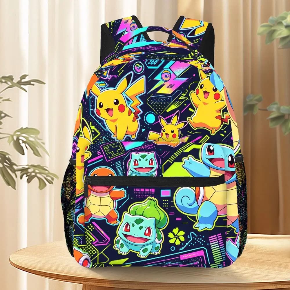 Neon Vibe Pokemon Characters Print Backpack Lightweight School Bag for Outdoor Travel Daypack