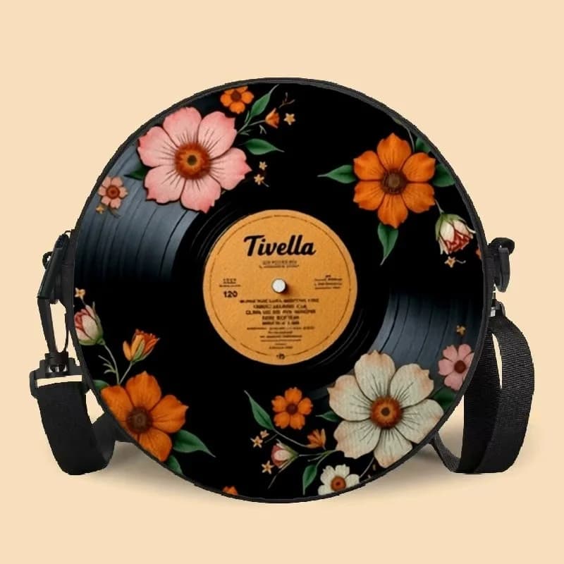 Record Floral Print Round Shoulder Bag Casual Messenger Bag for Woman Best Gifts 2D Flat Casual Daily Crossbody Bag Accessories