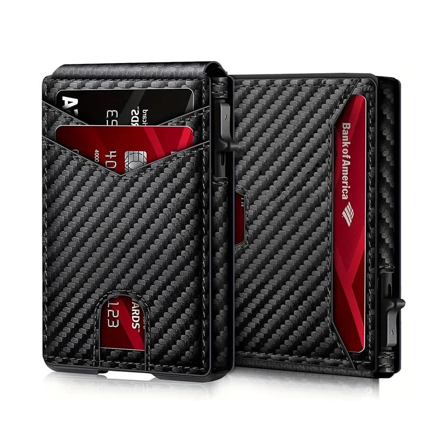 Men Carbon Fiber RFID Pop‑Up Credit Card Holder Magnetic Closure Slim Wallet With ID Window External Card Pocket