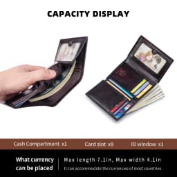 Trifold Wallets for Men RFID Blocking Full Grain Leather Short Mens Wallet with Snap Closure, 8 Card Slots, Clear ID Window