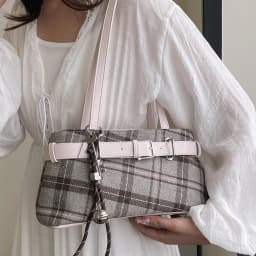 Women Fashion PU Leather Checkered Shoulder HandBag With Zipper Canvas Plaid Underarm Bag One Shoulder Armpit Bag W/Bell Pendant