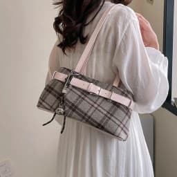 Women Fashion PU Leather Checkered Shoulder HandBag With Zipper Canvas Plaid Underarm Bag One Shoulder Armpit Bag W/Bell Pendant