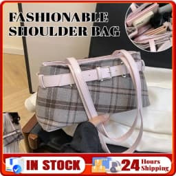 Women Fashion PU Leather Checkered Shoulder HandBag With Zipper Canvas Plaid Underarm Bag One Shoulder Armpit Bag W/Bell Pendant