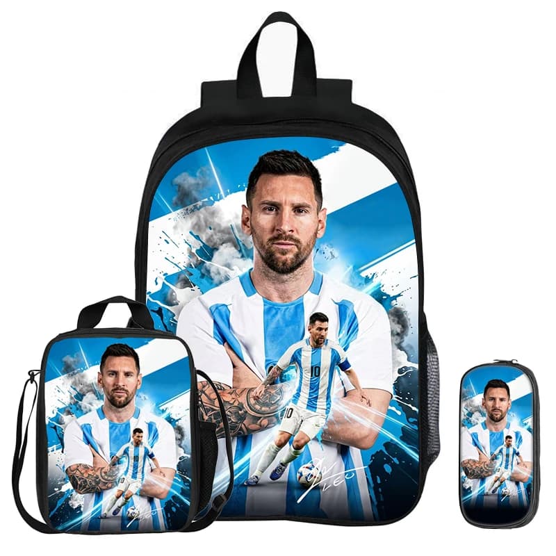 3Pcs Set Backpack M-Messi School Football Star with Lunch bag Sports Knapsack child Rucksack Pencil Bags Bookbag Kids Gift