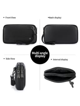 Men Genuine Leather Wrist Clutch Wallet, Double Zipper Large Capacity Hand Purse with 6 Card Slots, Portable Business Hand Pouch
