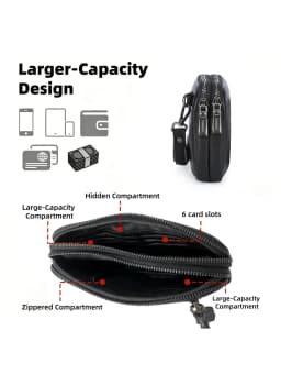 Men Genuine Leather Wrist Clutch Wallet, Double Zipper Large Capacity Hand Purse with 6 Card Slots, Portable Business Hand Pouch