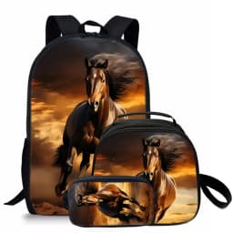 3 Pcs Set Horse Round Lunch Bags Pencil Bags School Bags For Boy/Girls Best Gifts 2D Flat Cartoon Backpack For Children