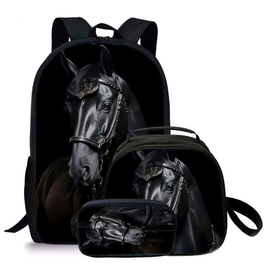 3 Pcs Set Horse Round Lunch Bags Pencil Bags School Bags For Boy/Girls Best Gifts 2D Flat Cartoon Backpack For Children