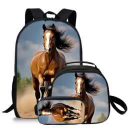 3 Pcs Set Horse Round Lunch Bags Pencil Bags School Bags For Boy/Girls Best Gifts 2D Flat Cartoon Backpack For Children