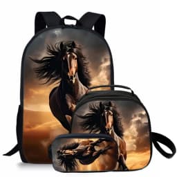 3 Pcs Set Horse Round Lunch Bags Pencil Bags School Bags For Boy/Girls Best Gifts 2D Flat Cartoon Backpack For Children
