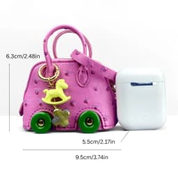 Mini Wheeled Handbag Purse, Rocking Horse Pendant, Ostrich Pattern PU Leather Pouch for AirPods Coin Cable, Mini Tote Keychain