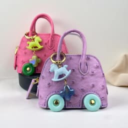 Mini Wheeled Handbag Purse, Rocking Horse Pendant, Ostrich Pattern PU Leather Pouch for AirPods Coin Cable, Mini Tote Keychain
